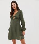 Asos Design Tall Linen Mini Skater Dress With Faux Tortoiseshell Ring - Green