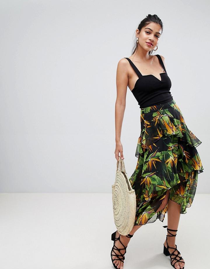 Asos Design Asymmetric Ruffle High Low Midi Skirt In Bird Print - Multi