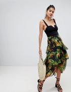 Asos Design Asymmetric Ruffle High Low Midi Skirt In Bird Print - Multi