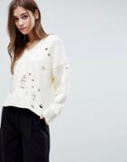 Asos Sweater With V-neck And Rolled Edges - Cream