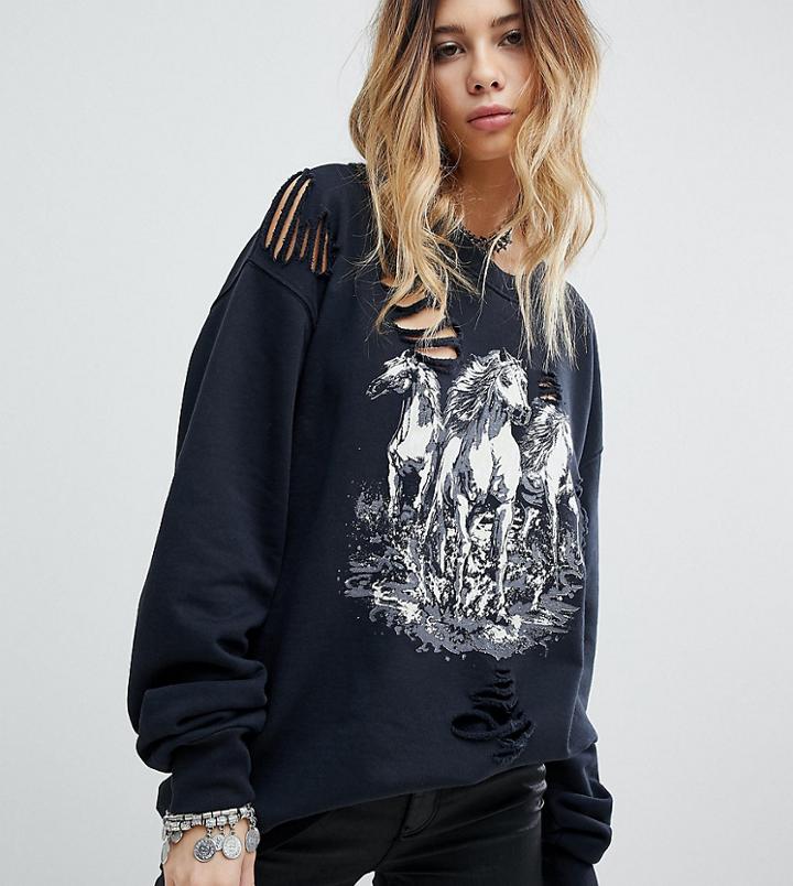 Sacred Hawk Distressed Horse Print Sweat - Gray