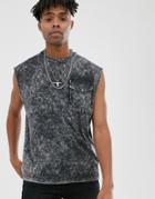 Asos Design Oversized Sleeveless T-shirt With Pocket In Bleach Tie Dye Wash-black
