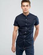 Asos Slim Shirt In Navy With Stretch And Grandad Collar - Navy