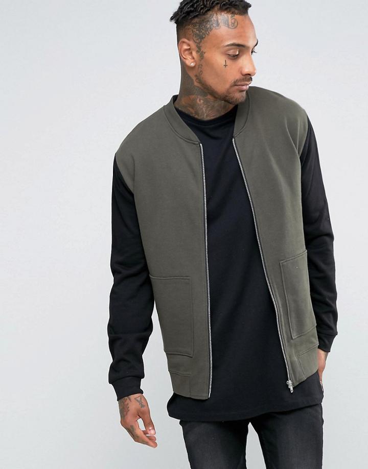 Asos Jersey Bomber Jacket With Zip Pockets & Contrast Sleeves - Green
