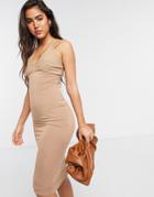 Asos Design Rib Double Cup Strappy Cami Midi Dress In Mocha-brown