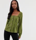 Asos Design Tall Square Neck Button Through Long Sleeve Top With Pleat Detail-green
