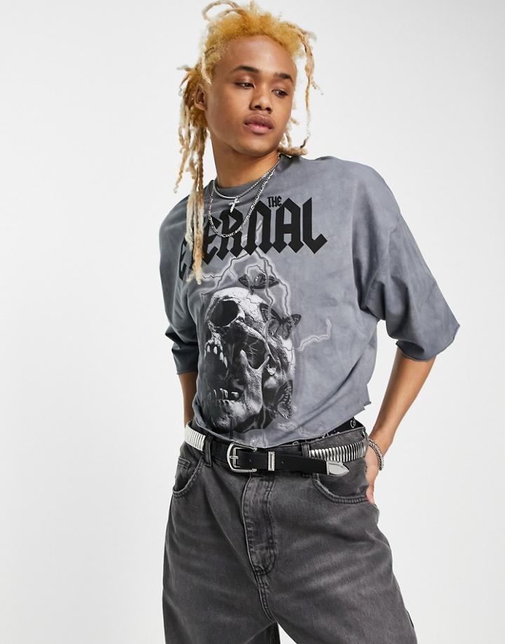 Asos Design Oversized Cropped T-shirt In Washed Black With Grunge Print