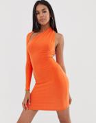 Club L London One Sleeve Bodycon Dress In Orange - Orange