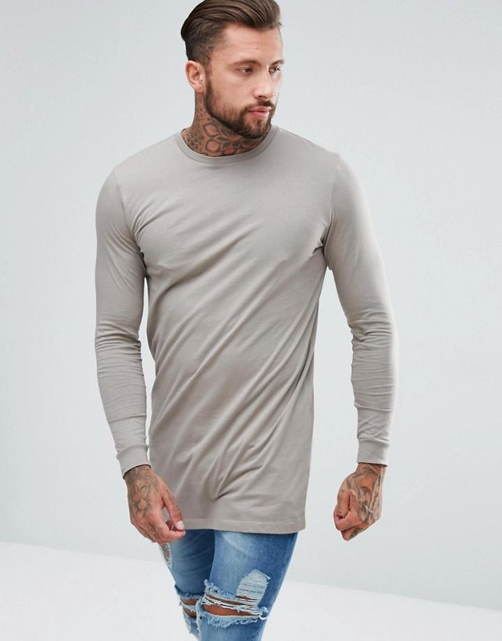 Asos Super Longline Long Sleeve T-shirt With Crew Neck In Beige - Brown