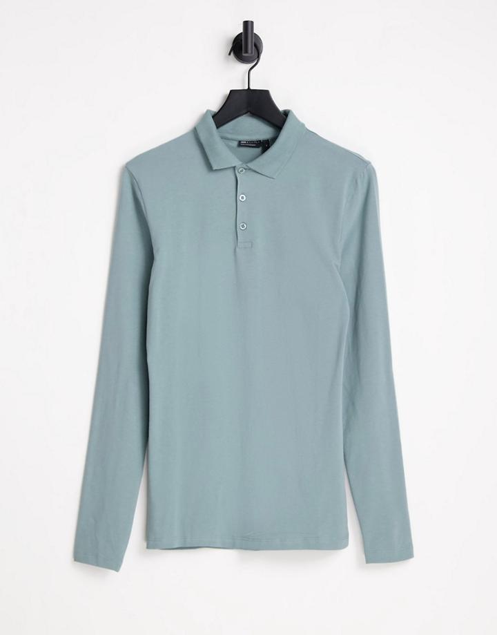 Asos Design Long Sleeve Muscle Fit Jersey Polo In Blue
