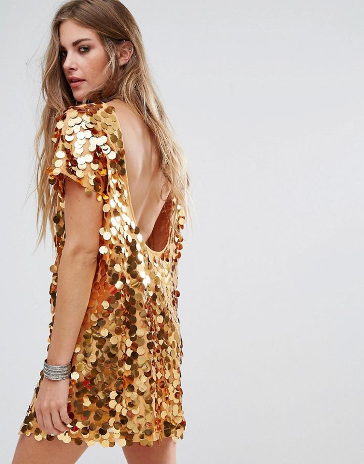 Motel Backless Dress In Disc Sequin - Gold