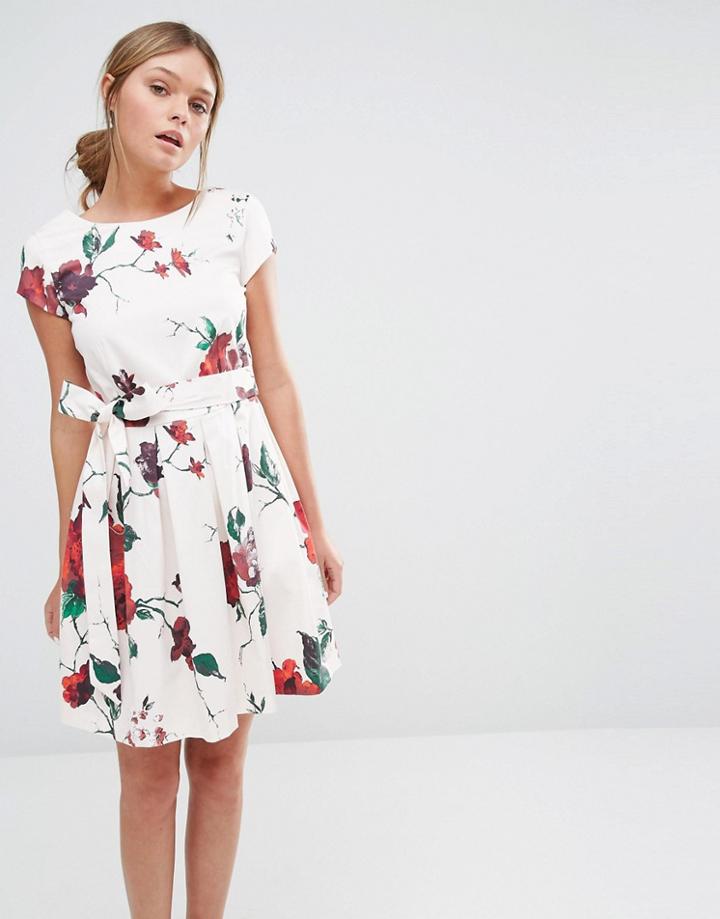 Closet Floral Print Waist Tie Pleat Dress With Cap Sleeve - Multi