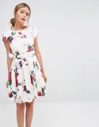 Closet Floral Print Waist Tie Pleat Dress With Cap Sleeve - Multi