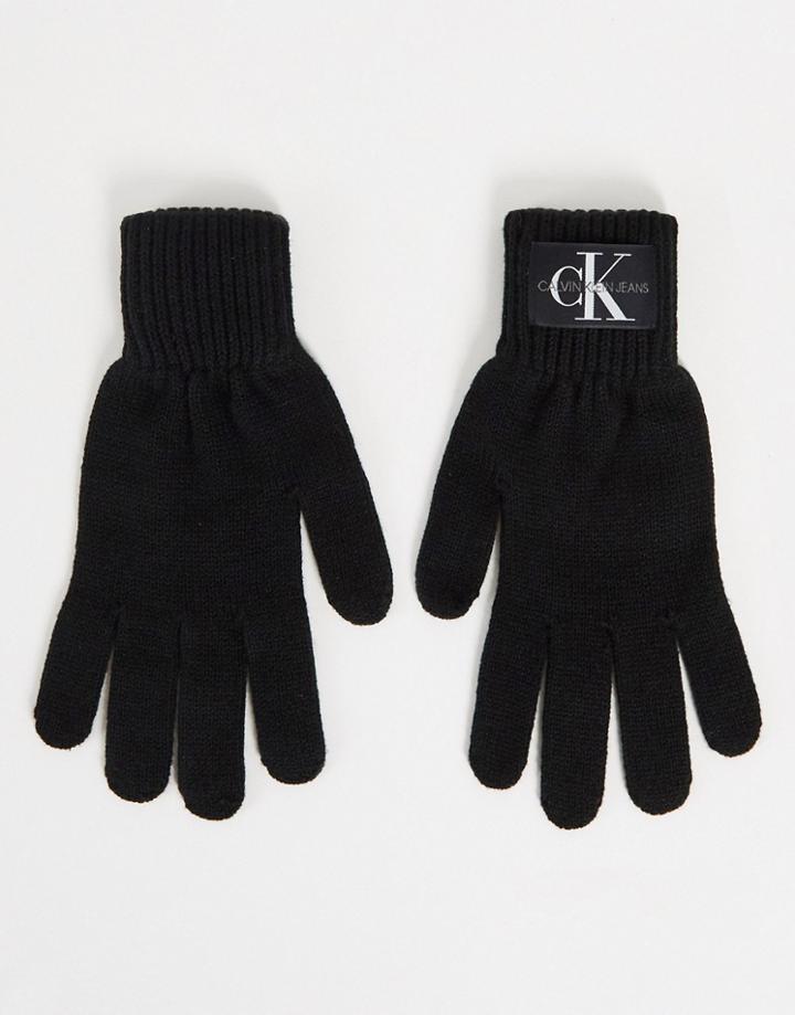 Calvin Klein Jeans Knitted Monogram Logo Gloves In Black