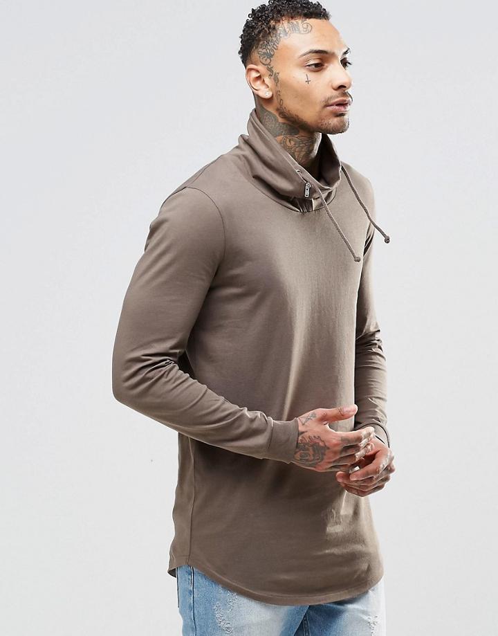 Asos Longline Long Sleeve T-shirt With Double Layer Funnel Neck - Taupe