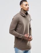 Asos Longline Long Sleeve T-shirt With Double Layer Funnel Neck - Taupe