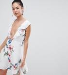 Boohoo Plunge Front Floral Mini Dress - White