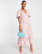 Vila Midi Dress With V Neck In Pastel Abstract Print-multi