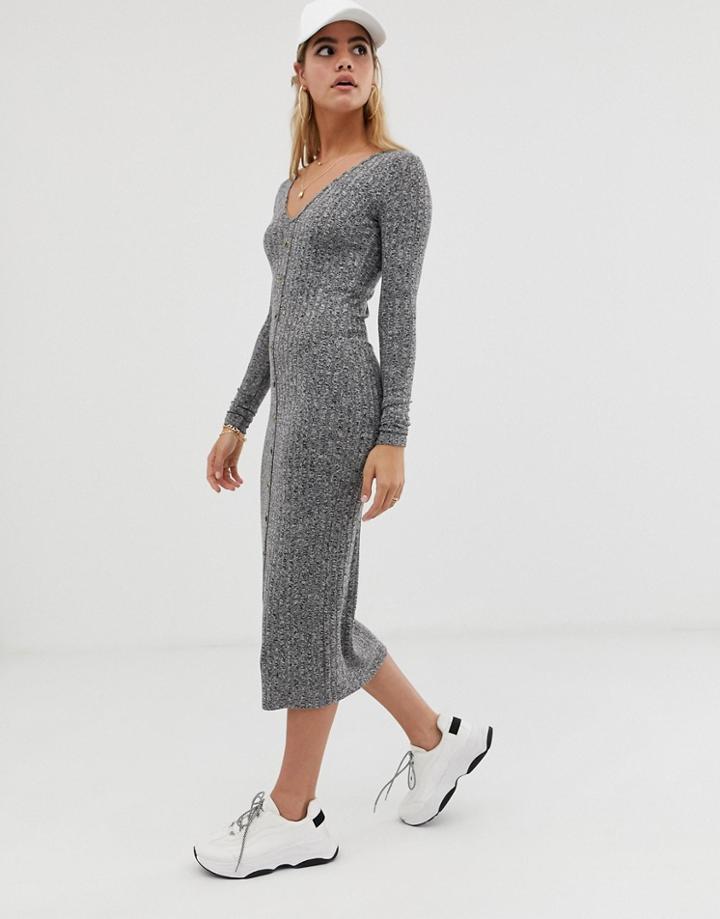 Asos Design Marl Rib Button Through Midi Dress - Gray