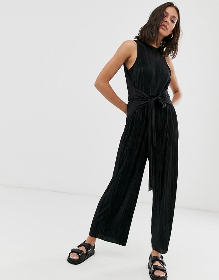 Asos Design Sleeveless Plisse Tie Front Jumpsuit