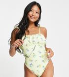 Asos Design Petite Puff Sleeve Swimsuit In Lemon Print-multi