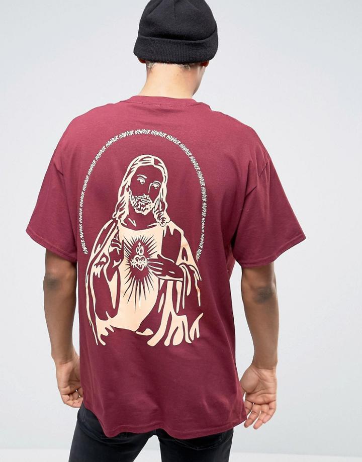 Hnr Ldn Jesus Back Print T-shirt In Oversized Fit - Red