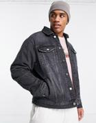 River Island Boxy Fleece Lined Denim Jacket In Black
