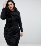 Flounce London Plus Velvet Midi Dress With Ruched Detail In Black - Black