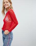 Nobody's Child Long Sleeve Mesh Top With Spot - Red