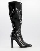 Asos Design Champion Square Toe Knee High Heeled Boots In Black Patent