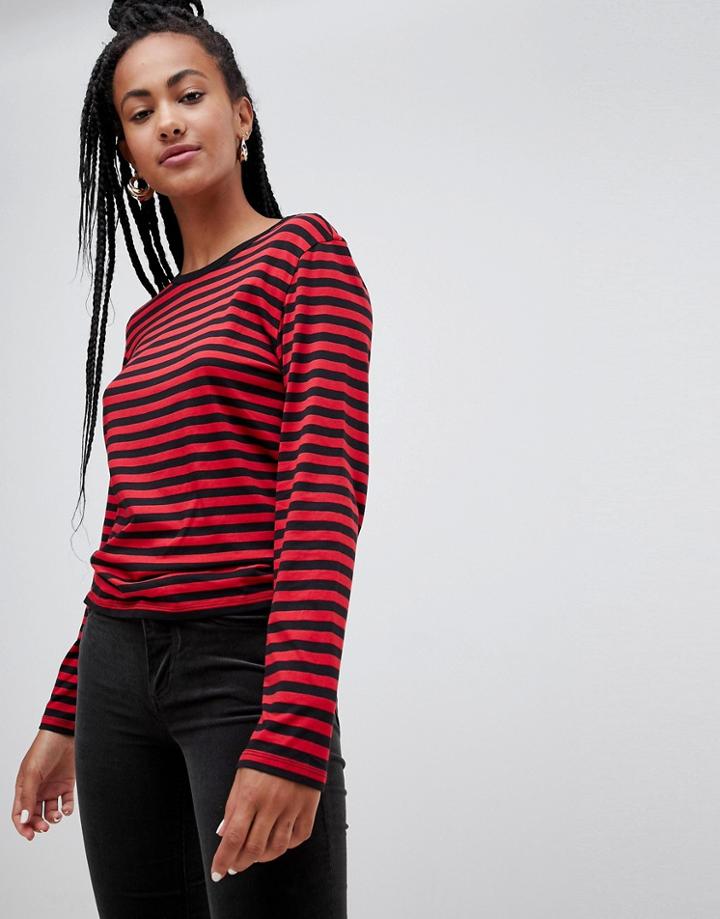 Monki Relaxed Fit Long Sleeve Jersey Top In Red Stripe - Multi