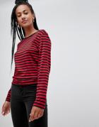 Monki Relaxed Fit Long Sleeve Jersey Top In Red Stripe - Multi