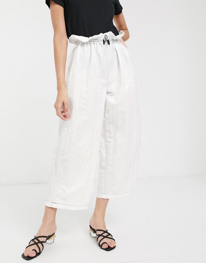 Asos Design Wide Leg Pants With Paperbag Waist In Shell Fabric-white