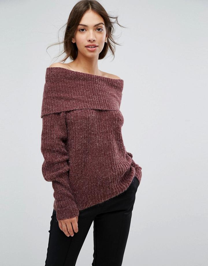 Vila Off The Shoulder Ribbed Sweater - Purple