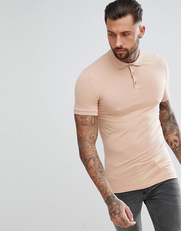 Asos Design Muscle Fit Jersey Polo In Beige - Beige