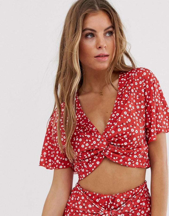 Pull & Bear Pacific Ditsy Floral V Neck Top Two-piece In Red - Red