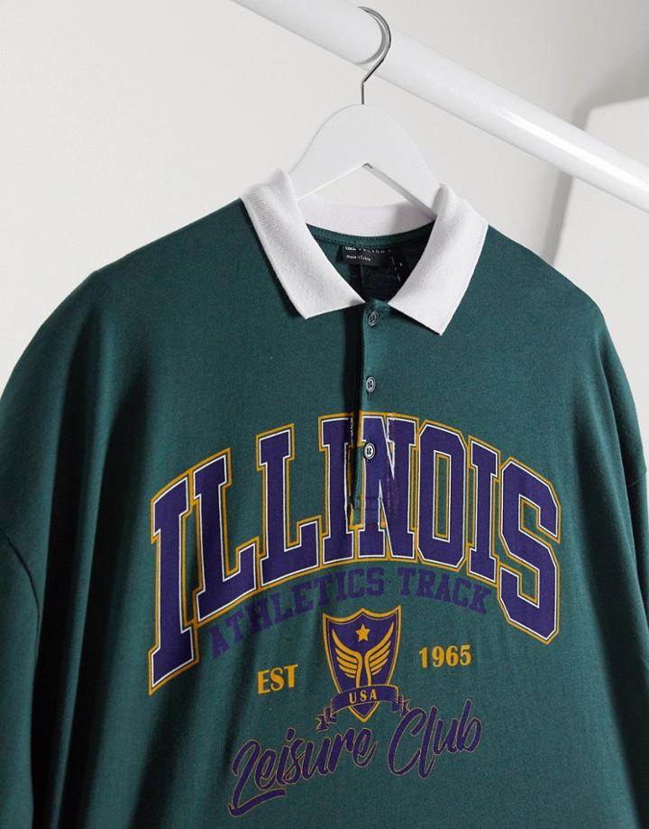 Asos Design Oversized Long Sleeve Cut & Sew Polo Shirt With Varsity Print-green