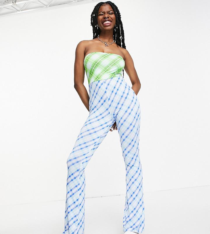 Collusion Spliced Check Bandeau Jumpsuit In Multi