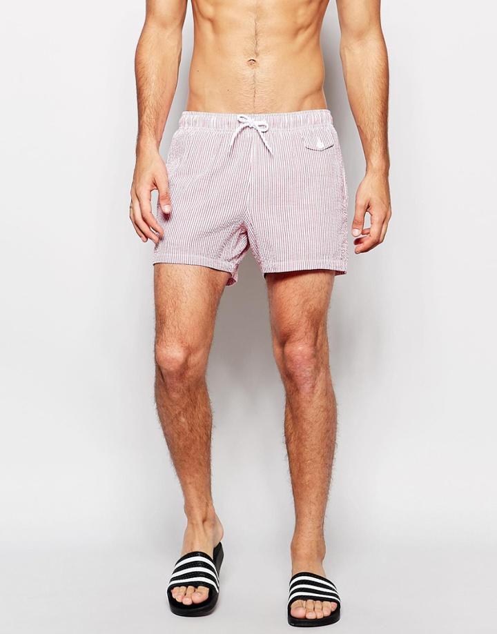 Asos Short Length Swim Shorts In Red With Seersucker Stripe - Red