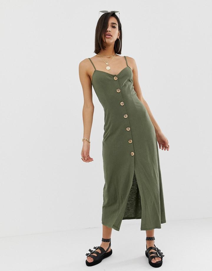 Asos Design Maxi Slubby Cami Swing Dress With Faux Wood Buttons-green