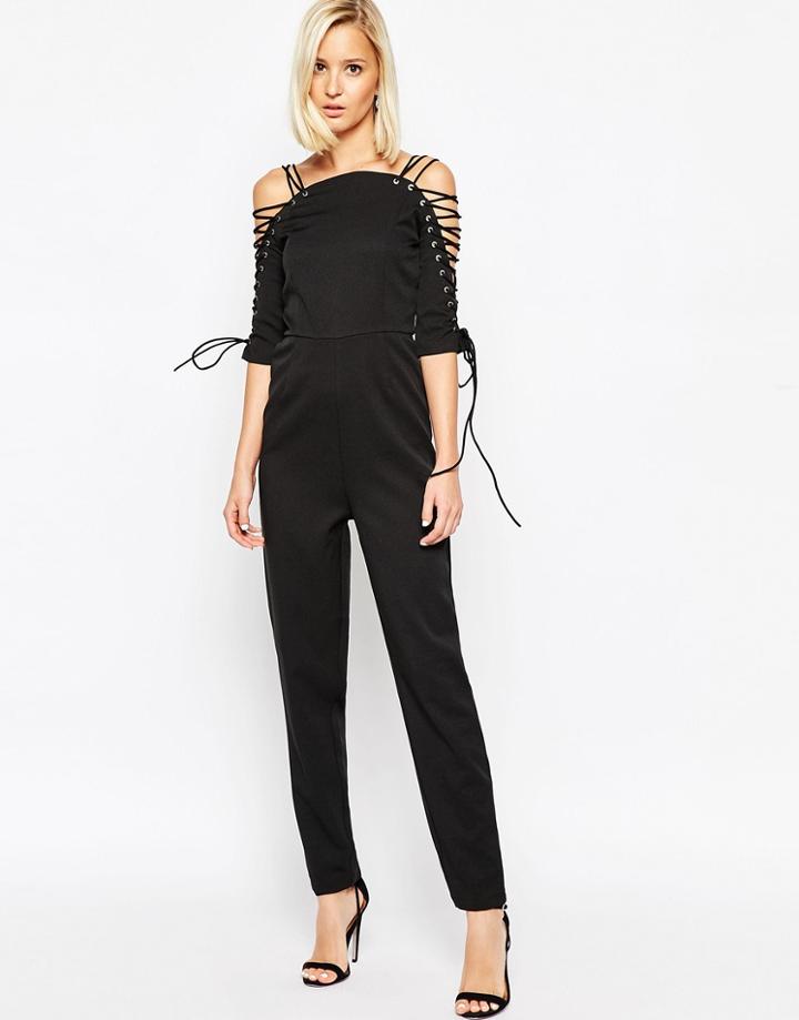Lavish Alice Tapered Jumpsuit With Lace Up Detail - Black