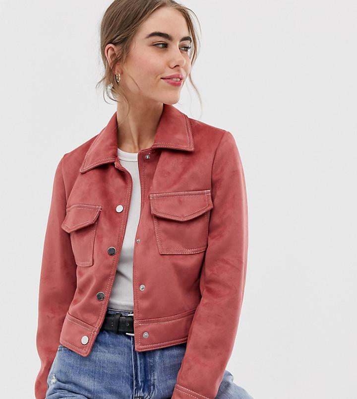 New Look Suedette Utility Trucker Jacket In Dark Pink