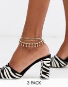 Asos Design Pack Of 3 Anklets With Fine Chain And Crystal Teardrop Charms In Gold Tone - Gold