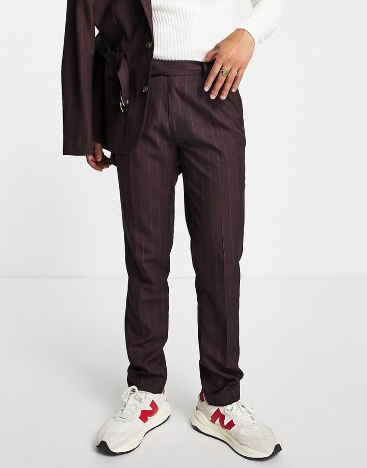 Asos Design Slim Suit Pants In Burgundy Pinstripe-red