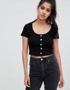 Asos Design Scoop Neck Top In Rib With Buttons - Black