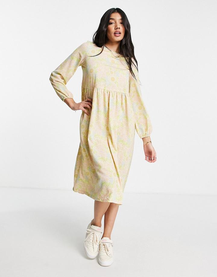 Monki Polyester Midi Smock Dress In Pastel Retro Floral - Multi