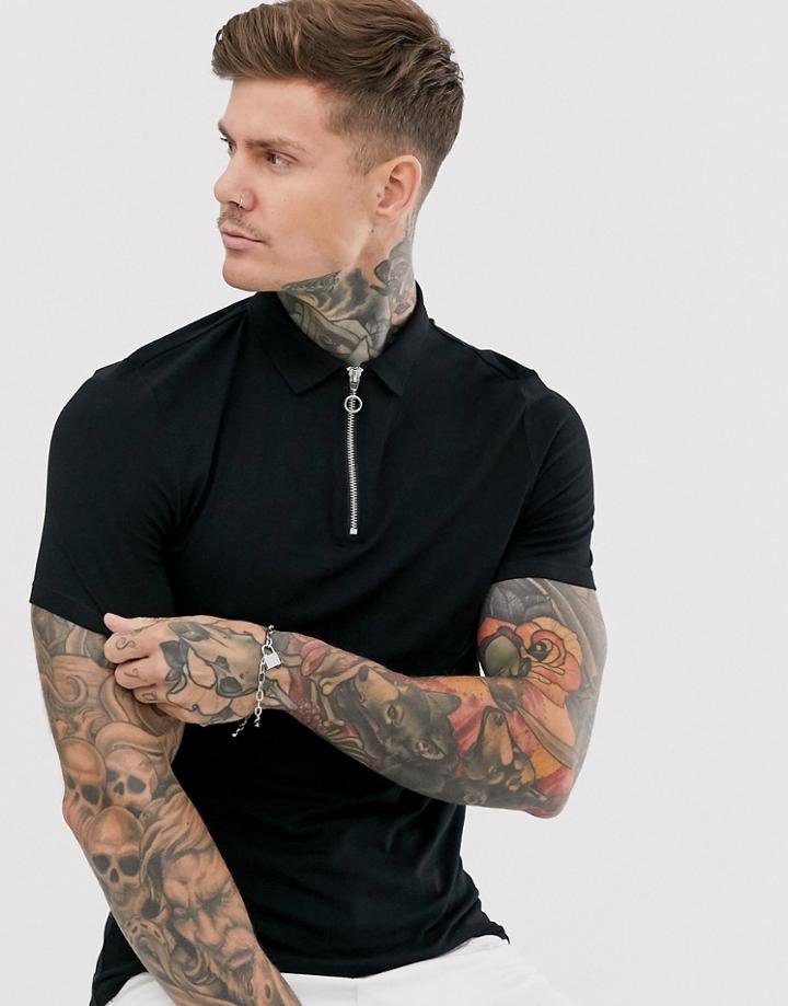 Asos Design Organic Muscle Fit Jersey Polo With Zip Neck In Black