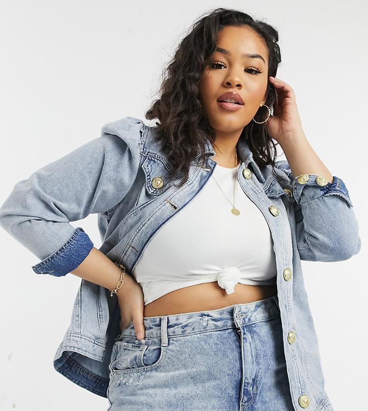 River Island Plus Puff Shoulder Denim Jacket In Light Blue-blues