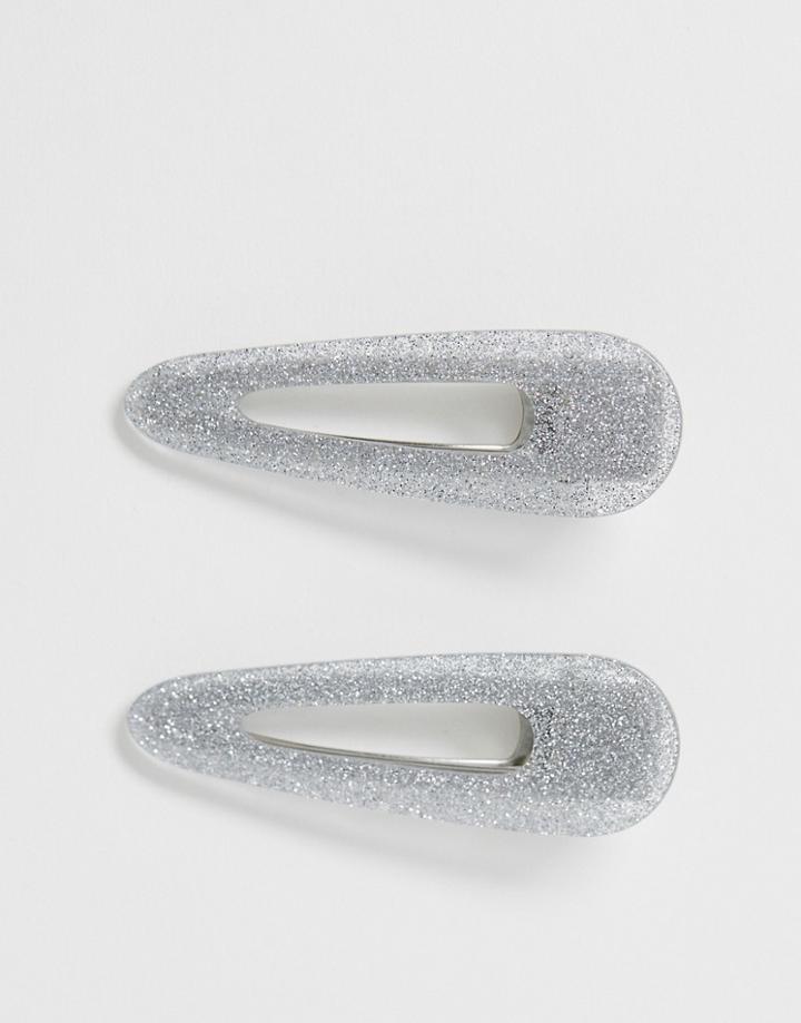 Asos Design Pack Of 2 Hair Clips In Silver Glitter - Silver