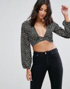 Influence Daisy Print Tie Front Baloon Sleeve Crop Top - Black